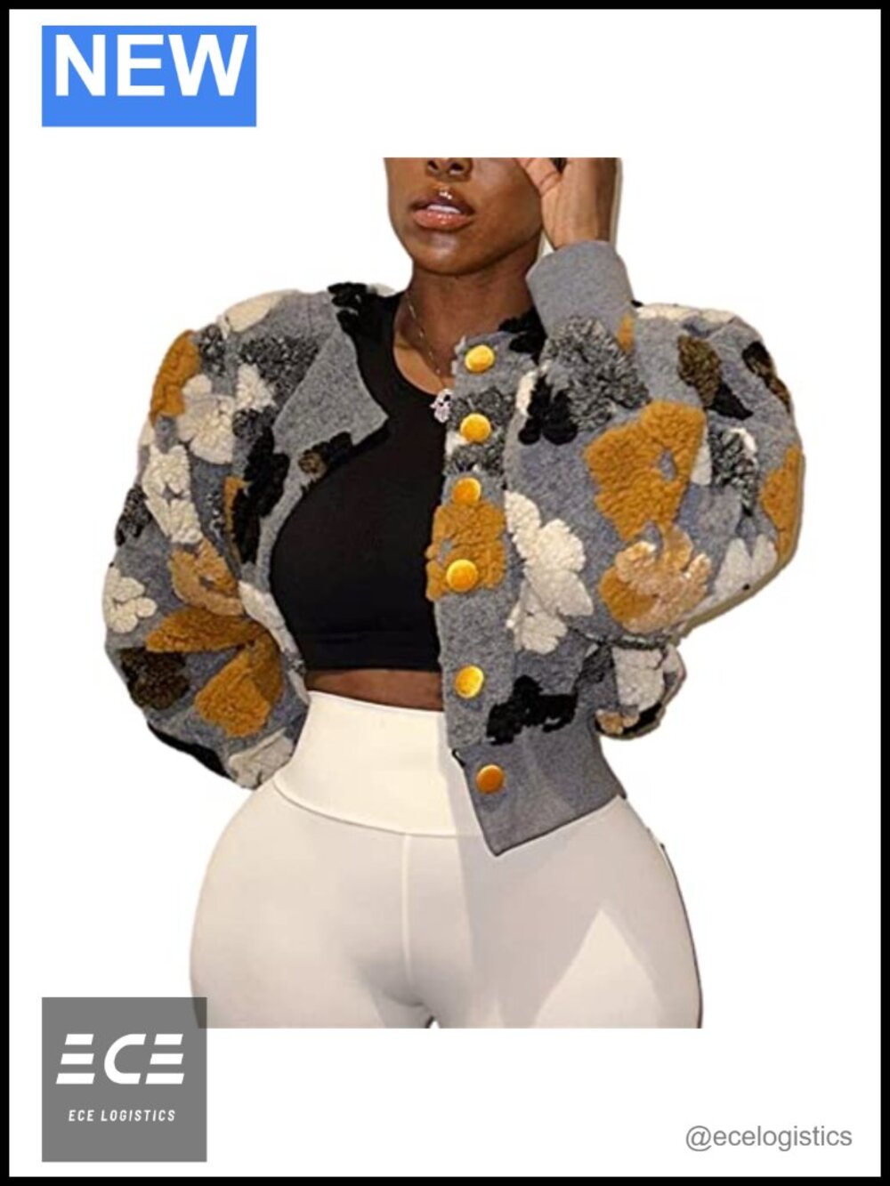 Cropped Floral Print Fleece Bomber Jacket Button Down Puff Sleeve Casual